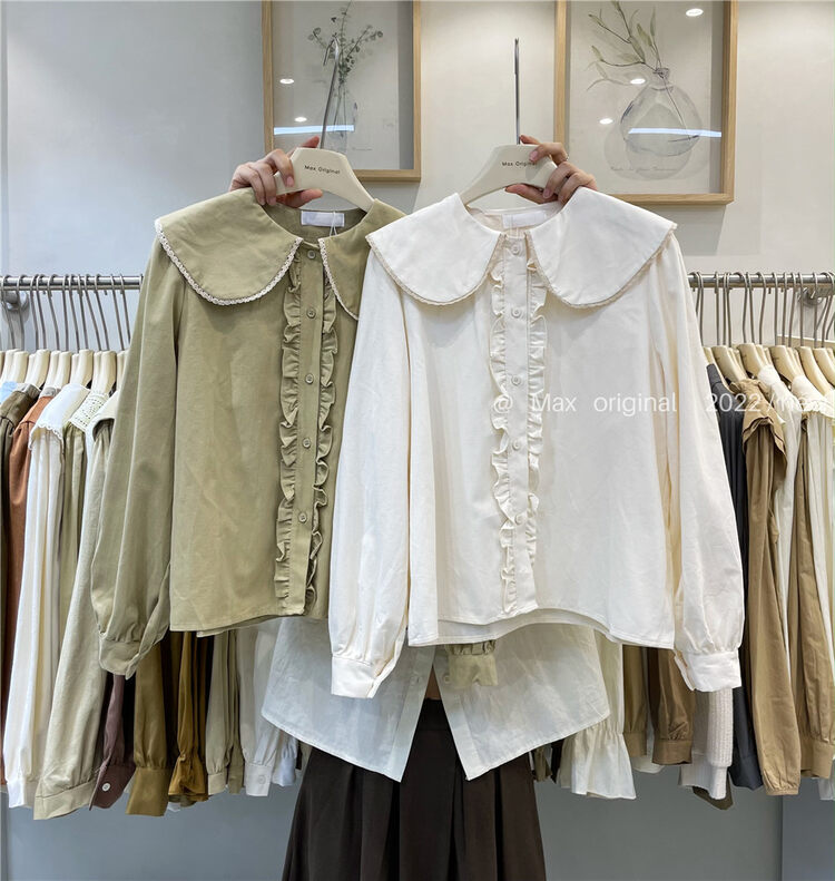 New in autumn!【MAX ORIGINAL】Doll collar solid color single-breasted shirt 98828# HBX