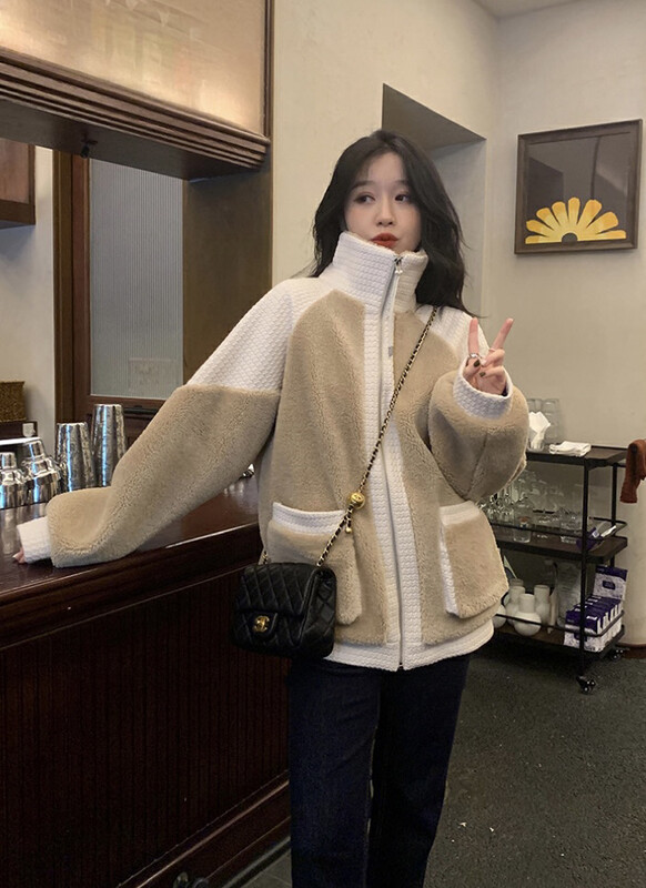 【SAVAGE】Korean style small fragrance style high collar contrast color stitching short coat S1332# WPL