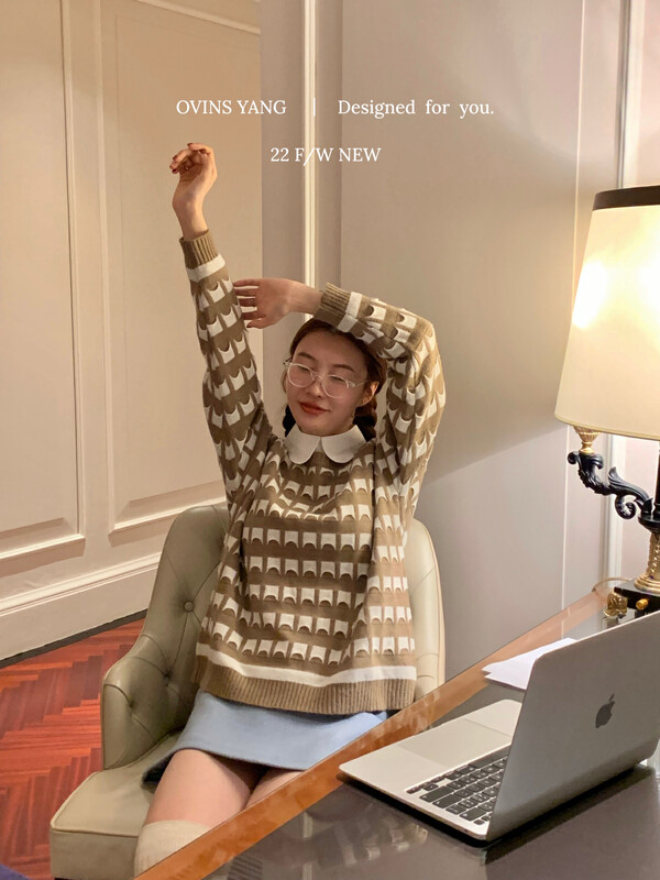【OVINSYANG】Round Neck Pullover Striped Thermal Sweater 9018# FHX