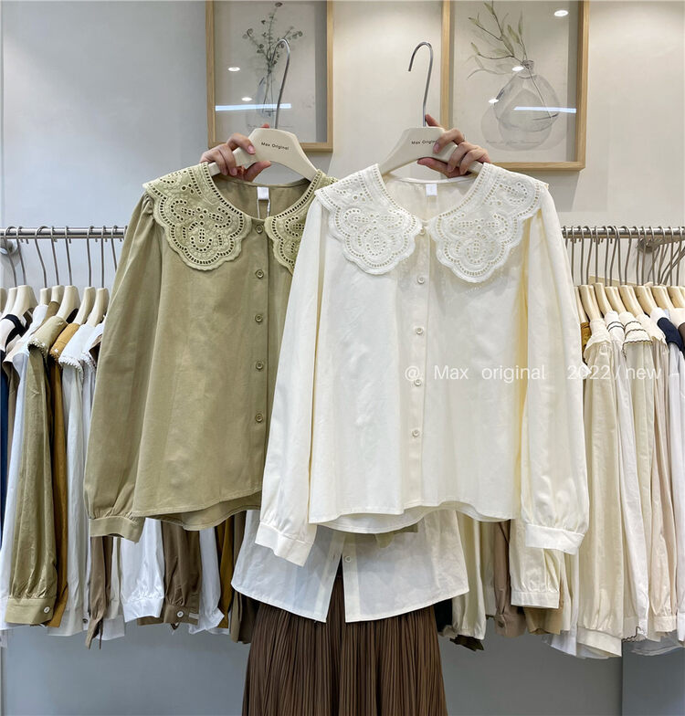 New in autumn!【MAX ORIGINAL】Doll Collar Hollow Single Breasted Shirt 98831# HBX