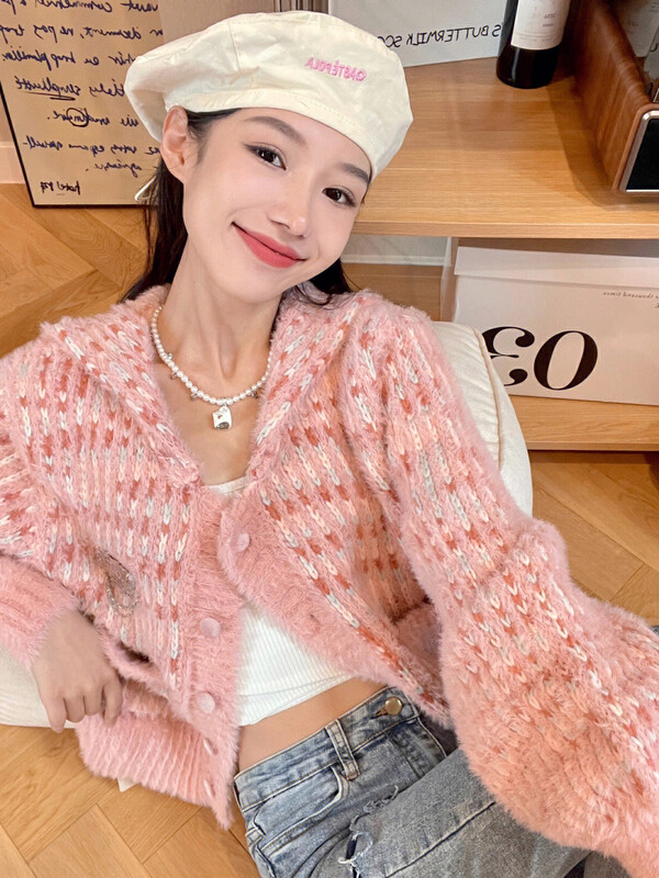 New in winter! [Blue Show] Design navy collar mink velvet knitted cardigan 7827# LSW