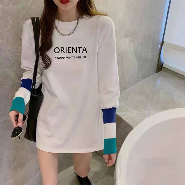 [Ziyijia] Round neck colorblock letters comfortable plus velvet long-sleeved T-shirt A208# WTT