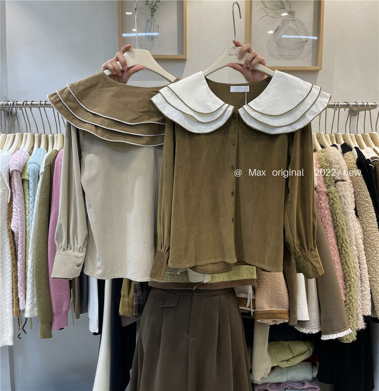 【MAX ORIGINAL】Doll Collar Contrast Color Single Breasted Shirt 99030# HBX