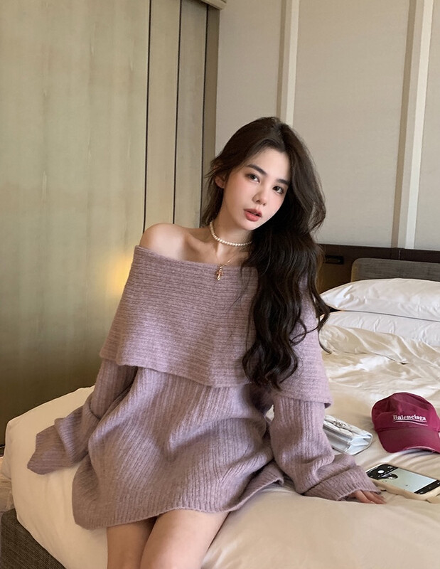【SAVAGE】Winter new French hot girl lazy and pure desire wind one word collar large lapel front and back thick warm dress S1395# WPL