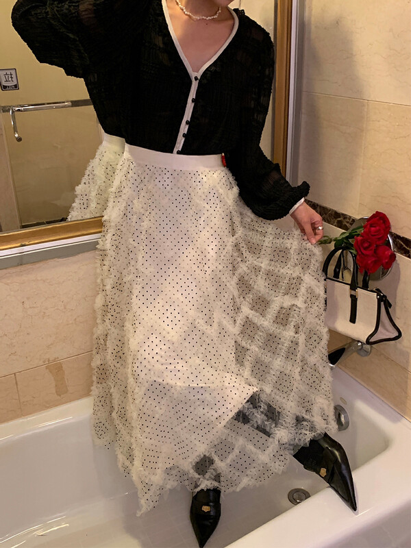 【NEW OPEN】Korean Lightweight Lace Polka Dot High Waist A-Line Skirt JQ80627# ZXX