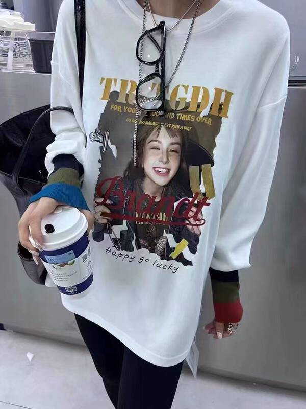 [Ziyijia] Velvet thickened printed all-match loose long-sleeved T-shirt 939# WTT