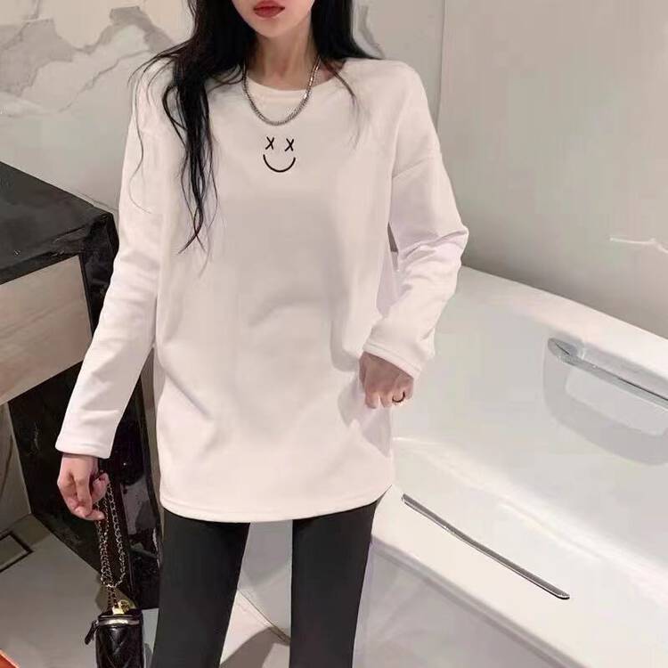 [Ziyijia] Smiley embroidered loose brushed long-sleeved T-shirt 963# WTT