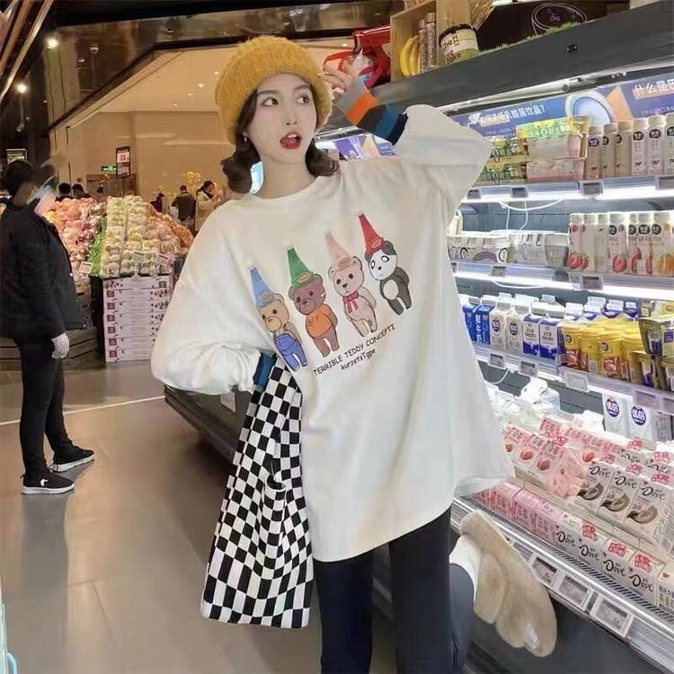 [Ziyijia] Round neck all-match printed casual fleece long-sleeved T-shirt A200# WTT