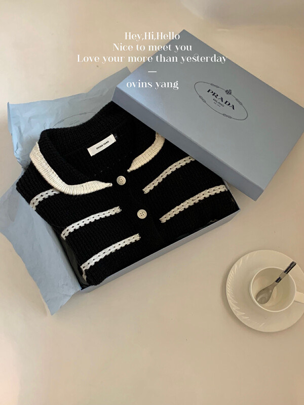 【OVINSYANG】Striped lapel knitted cardigan (without matching) 8966# FHX