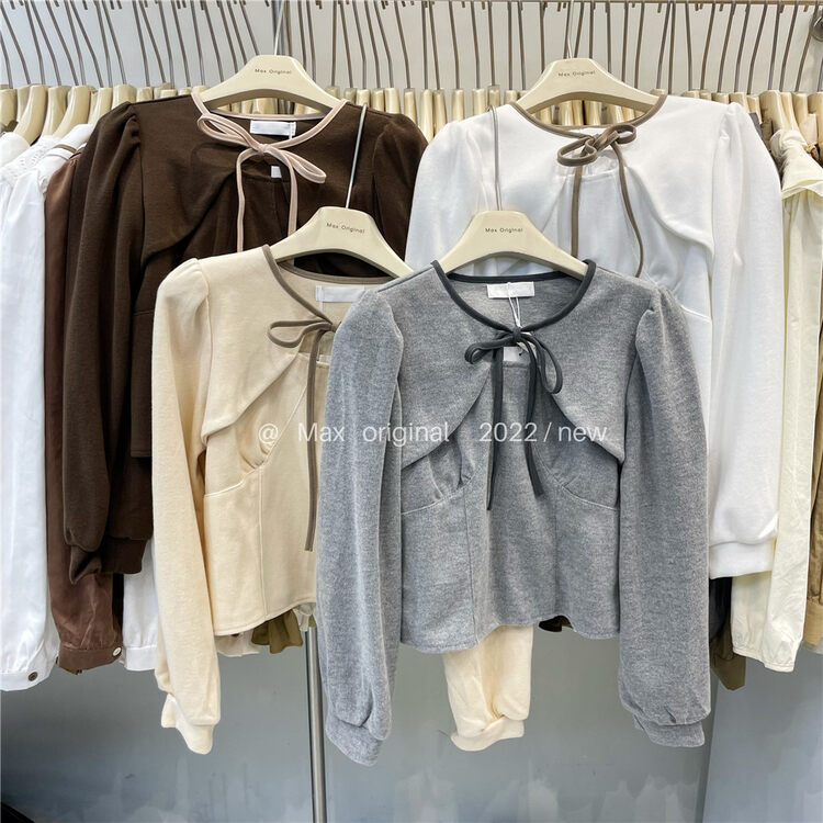 New in autumn! [MAX ORIGINAL] Contrast color round neck tie long-sleeved T-shirt 98896# HBX