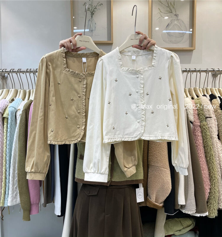 【MAX ORIGINAL】Square collar embroidered single-breasted shirt 99028# HBX