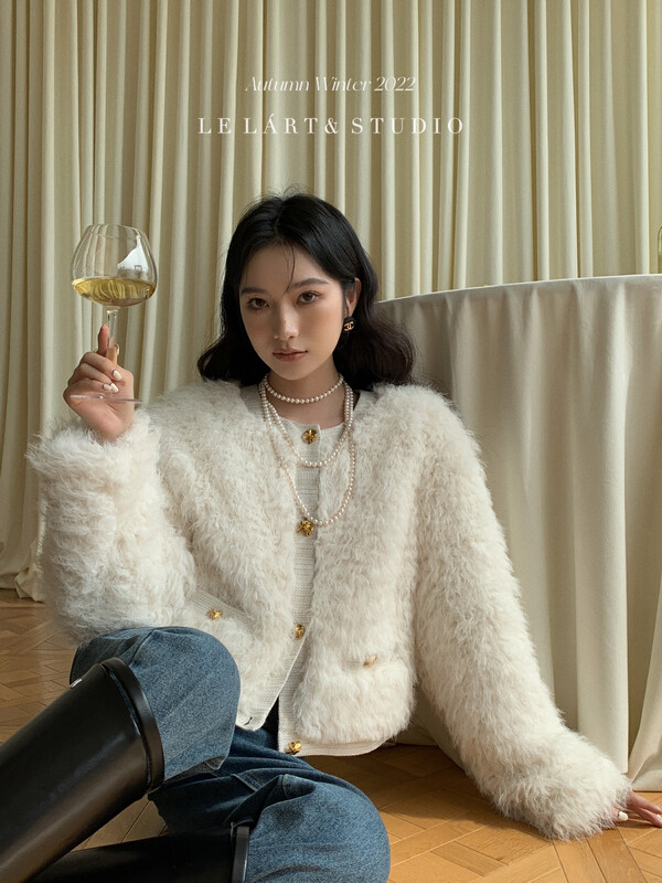 【LE LART】French Small Fragrance Gold Buckle Faux Fur Coat Fur LL3519