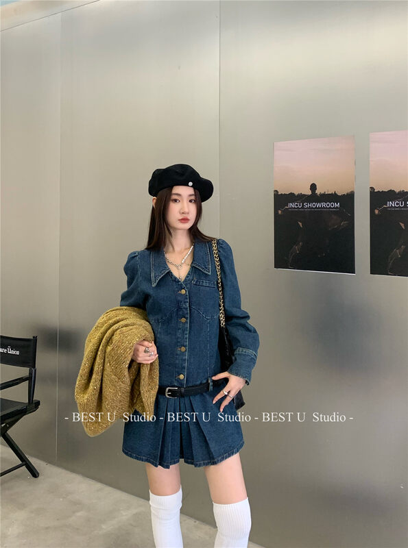 【BEST U】Korean lapel denim dress (without belt) 99182# LSW