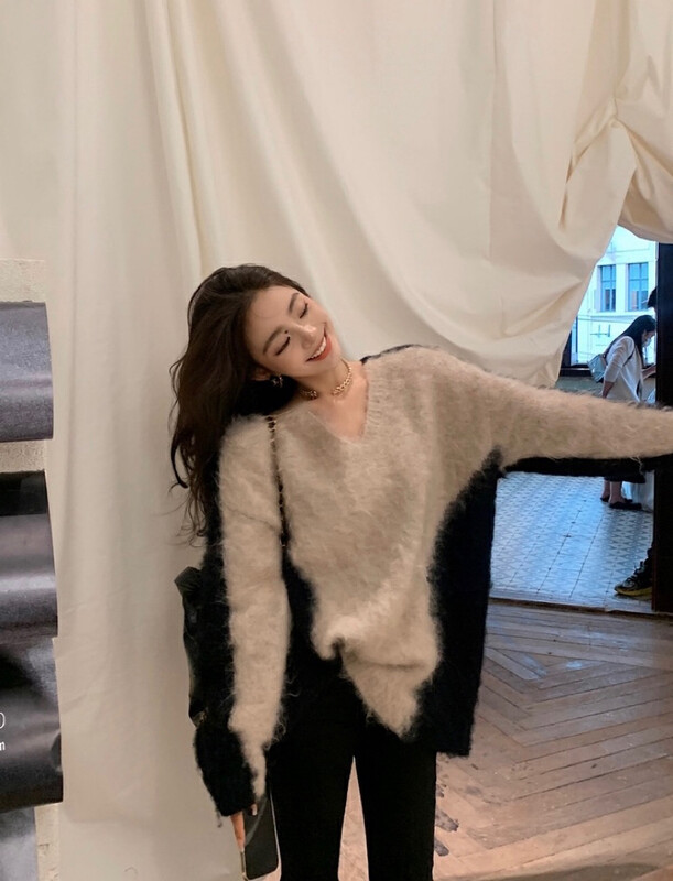 【SAVAGE】Hot girl style all-match V-neck contrast color stitching warm sweater S1356# WPL