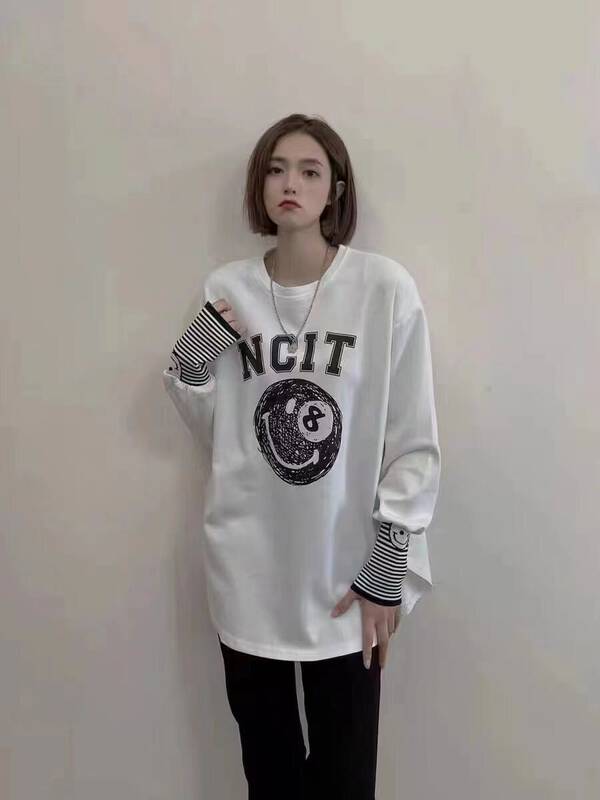 [Ziyijia] Splicing fashionable round neck fleece long-sleeved T-shirt A203# WTT