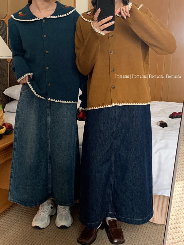 New Autumn!【FROM ANNA】Lapel Embroidered Single Breasted Knit Cardigan 1131# LSW