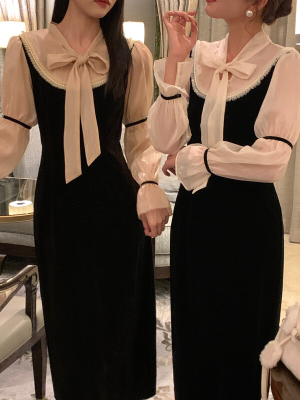 【NEW OPEN】Elegant fake two-piece lace-up velvet dress HL80753# ZXX