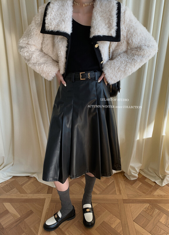 【LE LART】French Hepburn protein leather high waist pleated skirt LL3515