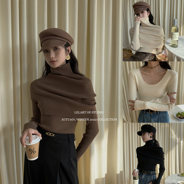 【LE LART】French design semi-high collar cloak two-piece knitted sweater bottoming suit TH122
