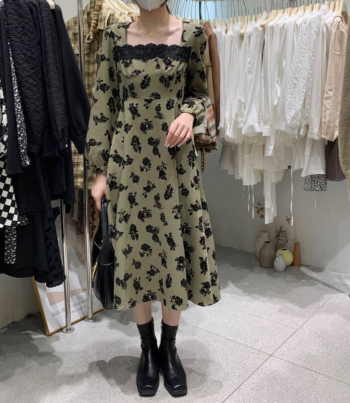 Original price 118.44! [UONE] Hong Kong style retro temperament flocking dress 97994# LSL