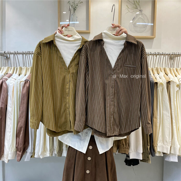New in autumn!【MAX ORIGINAL】Korean striped fake two-piece shirt 98856# HBX