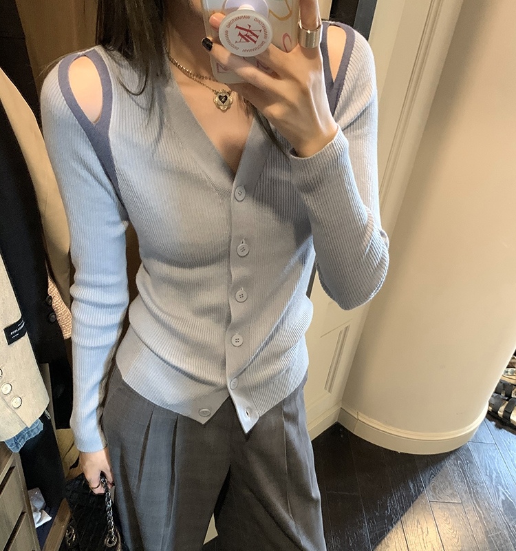 [Yi Xun] Small off-the-shoulder hair v-neck solid color knitted cardigan 0445# HYY
