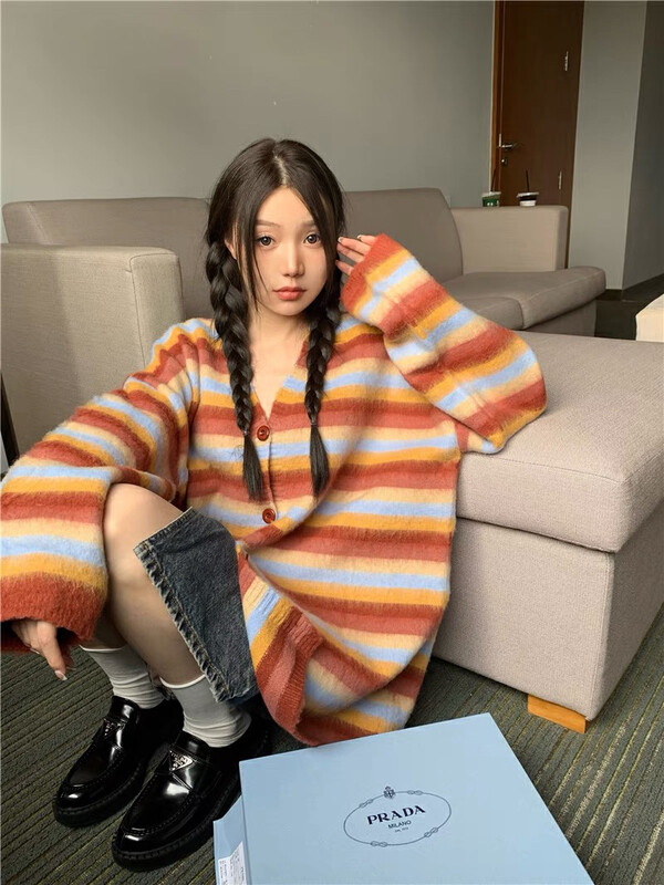 [Blue Show] Mohair Rainbow Striped Loose Knit Cardigan 7608# LSW