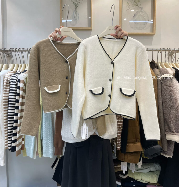 【MAX ORIGINAL】V-neck contrast color western style fashion casual knitted cardigan 98930# HBX