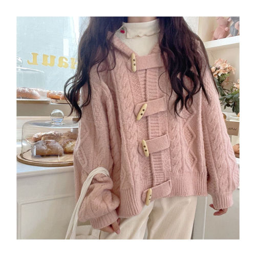 Horn button hooded cardigan sweater women's design sense thickened twist knitted sweater coat