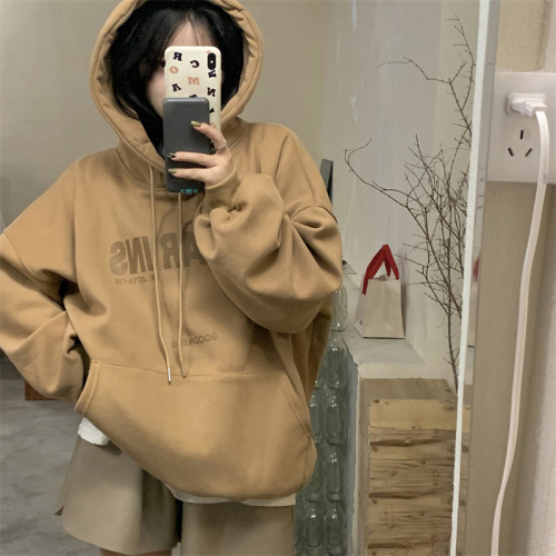 Oversize Korean style loose hooded sweater women's 2022 autumn and winter new chic Hong Kong style fleece hooded top