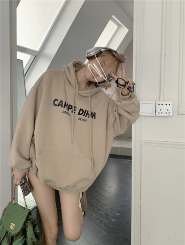 Lazy wind sweater women's ins trendy mid-length plus velvet thickened hooded jacket autumn and winter loose casual long-sleeved top