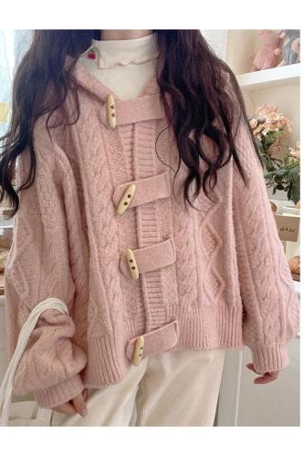 Horn button hooded cardigan sweater women's design sense thickened twist knitted sweater coat