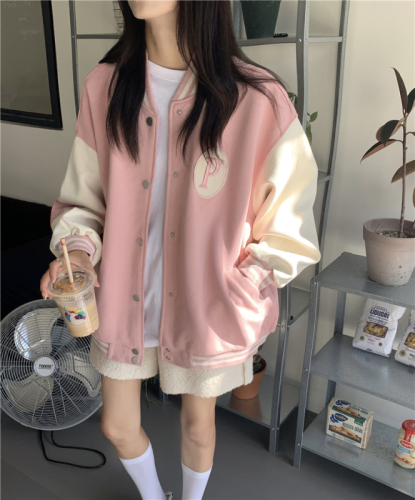 Contrasting color baseball uniform women's autumn  new retro loose medium-length letter embroidery BF wind long-sleeved jacket