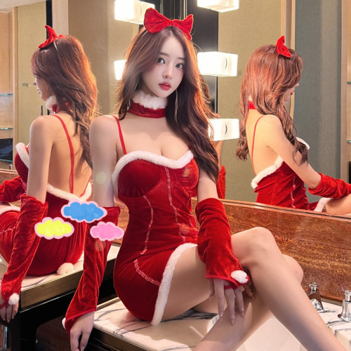Real shot Christmas cosplay red sexy hot girl velvet plush cute dress suit female