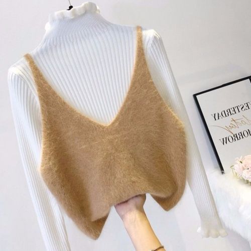 Imitation mink fleece warm spring and autumn coat sleeveless camisole women V-neck vest short top outer wear knitted sweater