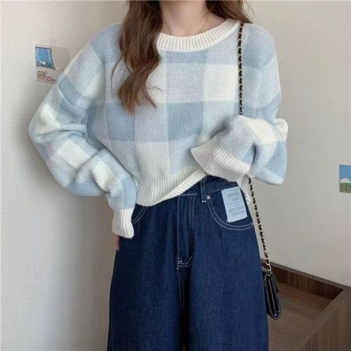 Korean version checkerboard plaid short sweater loose all-match lazy thin soft waxy top women