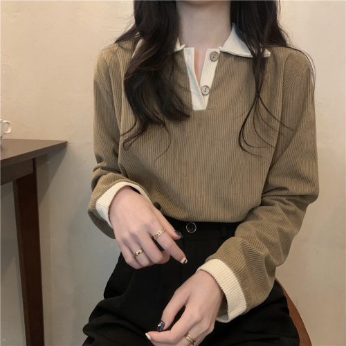 Autumn and winter French niche color-blocking POLO collar corduroy top