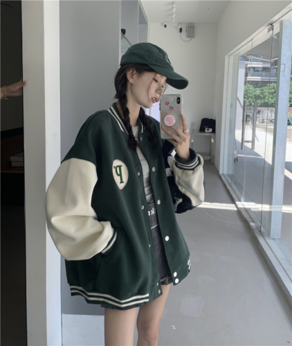 Contrasting color baseball uniform women's autumn  new retro loose medium-length letter embroidery BF wind long-sleeved jacket