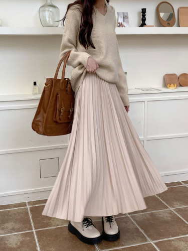 Real shooting real price autumn new Korean version solid color pleated skirt Retro three-dimensional skirt A-line skirt women