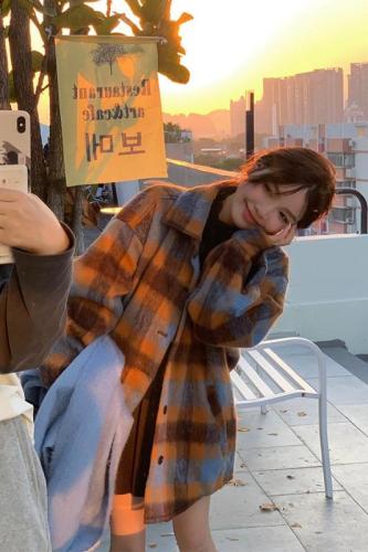 Real shooting real price winter and Korean sunset atmosphere contrast color woolen plaid warm quilted jacket