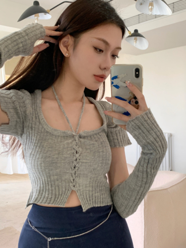 Real shot hot girl square collar short-sleeved knitted cardigan women's autumn and winter new lace up pure desire wind slim top