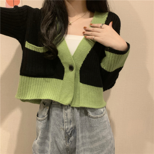 Real shooting price~ Retro contrast color knitted cardigan Xiaoxiang style long-sleeved short color-blocking sweater jacket