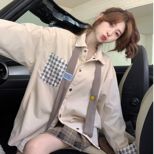 Real shot retro corduroy long-sleeved shirt women's 2022 autumn and winter streamer loose contrast color cardigan top