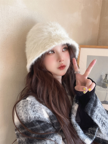 Real shot real price rabbit fur hat retro wild face-covering plush bucket hat female face small autumn and winter fisherman hat