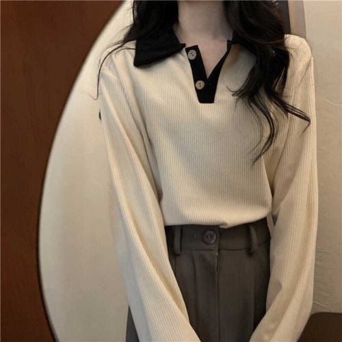 Autumn thin lapel POLO shirts long-sleeved women's all-match thin and niche inner tops trend