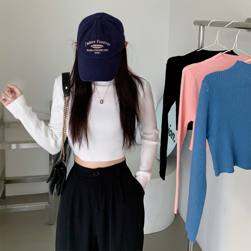 Real shot hot girl solid color bottoming shirt Hong Kong style pure desire half turtleneck slim sexy leaky navel short long-sleeved sweater