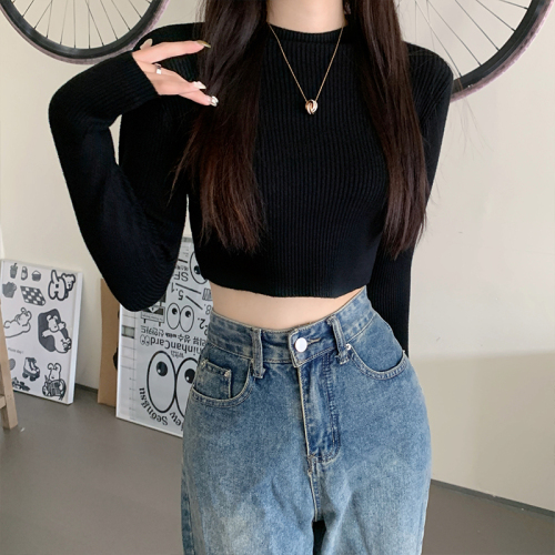 Real shot hot girl solid color bottoming shirt Hong Kong style pure desire half turtleneck slim sexy leaky navel short long-sleeved sweater