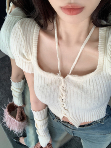 Real shot hot girl square collar short-sleeved knitted cardigan women's autumn and winter new lace up pure desire wind slim top