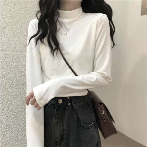 Double-sided German velvet spring, autumn and winter long-sleeved bottoming shirt women's Korean style half-high collar thickened white t-shirt slim top