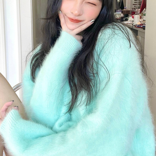 22 new mint green long-haired mink velvet sweater women's mid-length lazy style loose mink knitted thick deer home